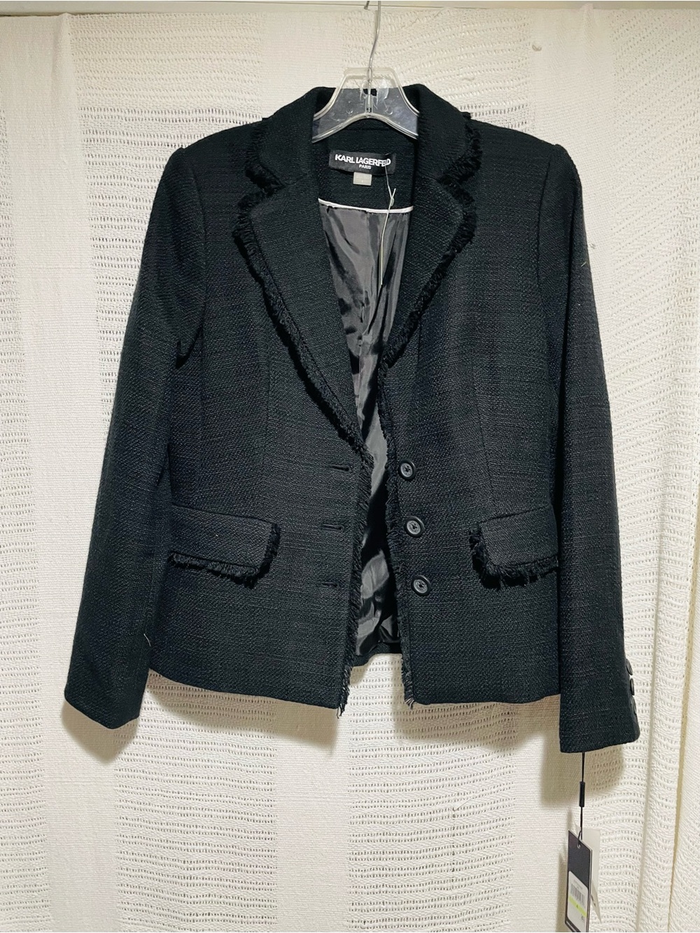 NWT Karl Lagerfeld Paris Ashland Frayed Trim Tweed Blazer Jacket Black Size 4